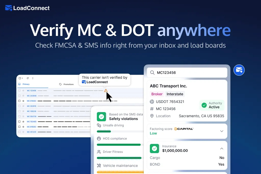 LoadConnect Chrome extension verifying company insurance, factoring, and RPM on a supported load board